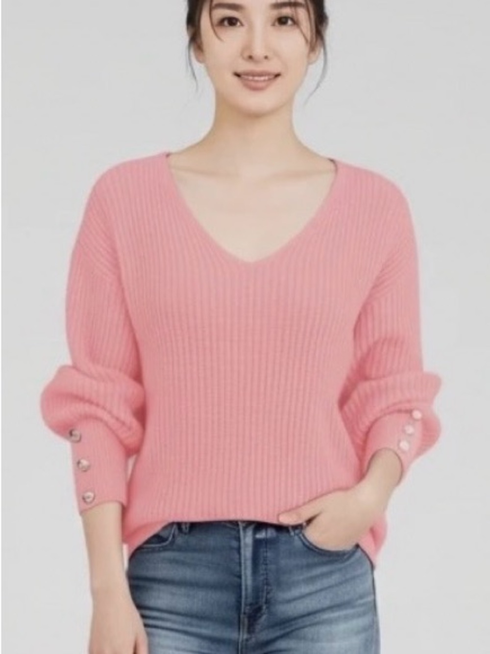 SHEIN Pink Ribbed V-Neck Sweater with gold Button Cuffs